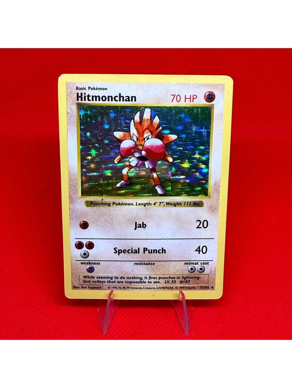 Pokemon Hitmonchan 7/102 Base Set Shadowless Unlimited Holo